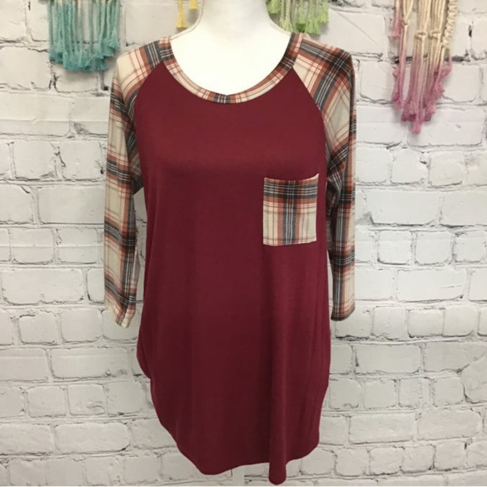 Burgundy Plaid Sleeve Women's Long Sleeve Top